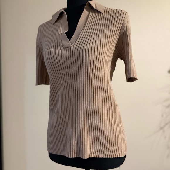 CeCe Beige Ribbed Collared Knit Top - Picture 3 of 9